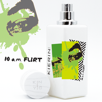 KIERIN 10 A.M. Flirt perfume with green Pop Art label, exposed atomizer and cap alongside.