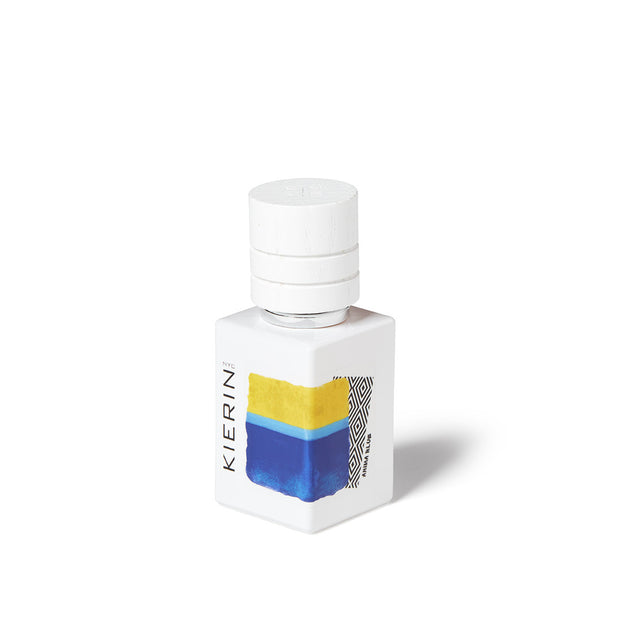KIERIN Anima Blue 30 ml perfume bottle with yellow and blue abstract artwork.