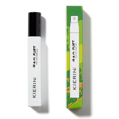 KIERIN 10 A.M. Flirt 10 ml travel spray beside its green box.