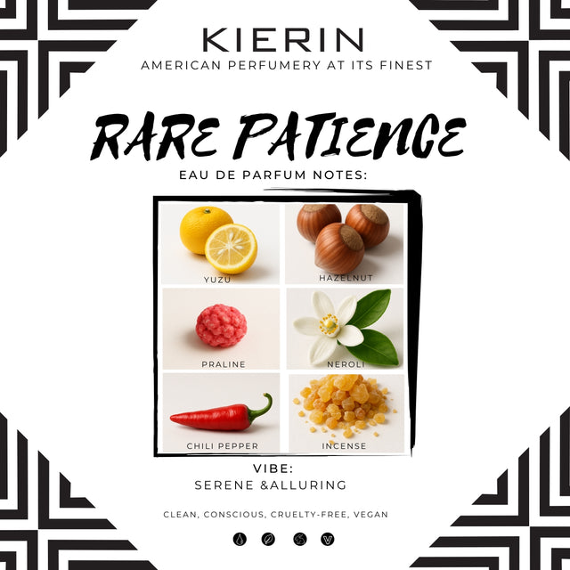 KIERIN Rare Patience fragrance notes card with citrus, hazelnut, praline, neroli, pink pepper and amber.