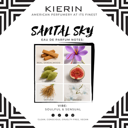 KIERIN Santal Sky fragrance notes card with sandalwood, saffron, cardamom, fig, vetiver and orchid.