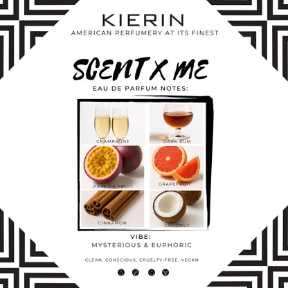 KIERIN ScentXme fragrance notes card with champagne, rum, passion fruit, grapefruit, cinnamon and coconut.