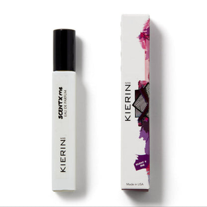 KIERIN ScentXme 10 ml travel spray beside its purple and white box.