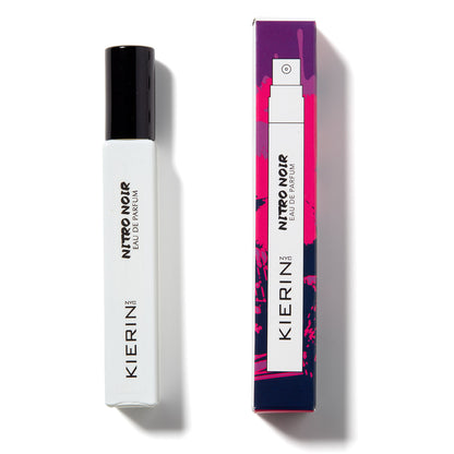 KIERIN Nitro Noir 10 ml travel spray beside its pink and purple box.