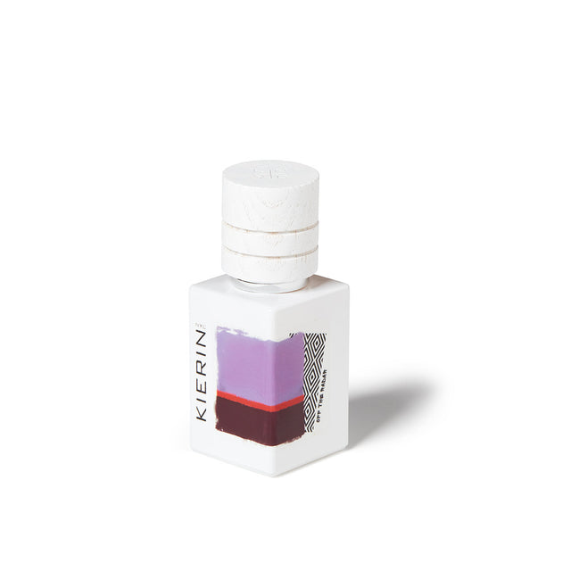 KIERIN Off the Radar 30 ml perfume bottle with purple and burgundy abstract artwork.