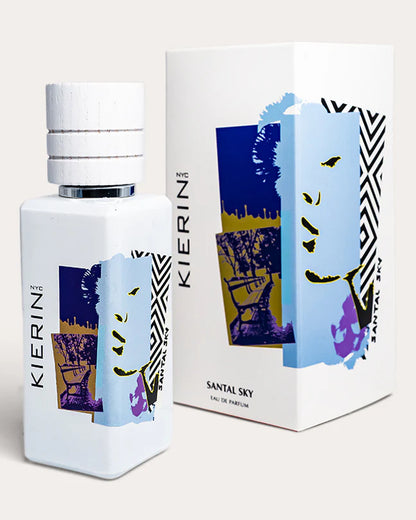 KIERIN Santal Sky perfume bottle and box photographed at an angle on white.