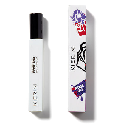 KIERIN Rose Ink 10 ml travel spray beside its tattoo art box.