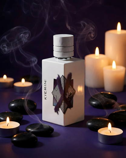 KIERIN ScentXme perfume bottle surrounded by lit candles and purple accents.