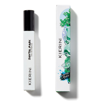 KIERIN Santal Park 10 ml travel spray beside its green and white box.