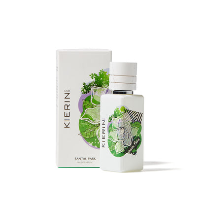 KIERIN Santal Park 50 ml perfume bottle beside its green and white box.