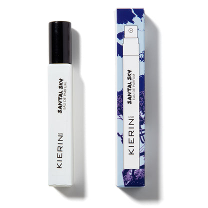 KIERIN Santal Sky 10 ml travel spray beside its blue and white box.