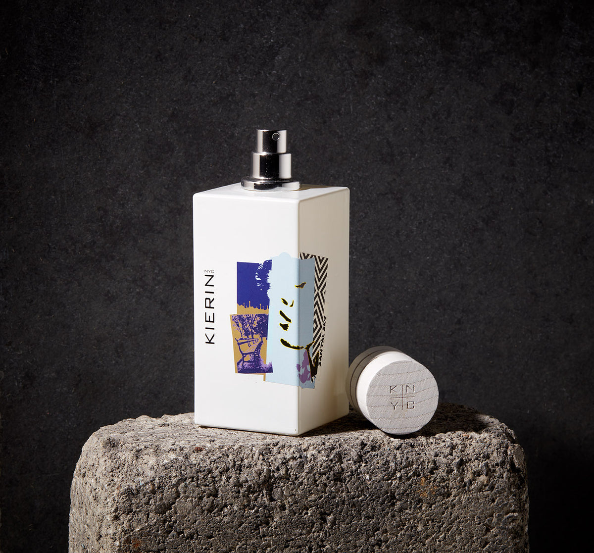 KIERIN Santal Sky perfume bottle and cap displayed on stone