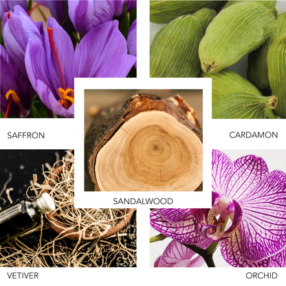 KIERIN Santal Sky fragrance notes collage with saffron, cardamom, sandalwood, vetiver and orchid.