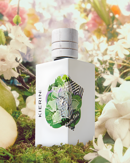 KIERIN Santal Park perfume bottle surrounded by pale flowers and green foliage.