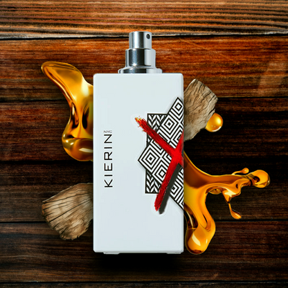 KIERIN ScentXone perfume with exposed atomizer on wood surrounded by honey.